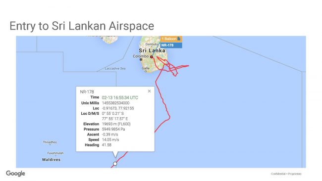 The path showing the entry of the first Google Loon into Sri Lankan airspace. Image Courtesy: ICTA