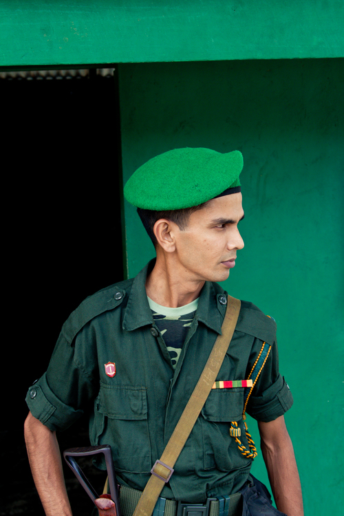 A portrait of a young soldier. Shades of emerald and forest green. 