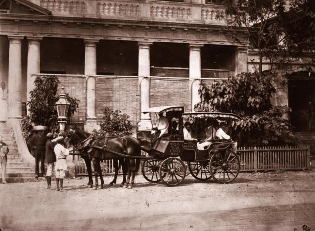 The Colombo -Kandy Mail Coach outside the Royal Hotel Colombo, Ceylon, 1860's. Image courtesy salessrilanka.blogspot.com
