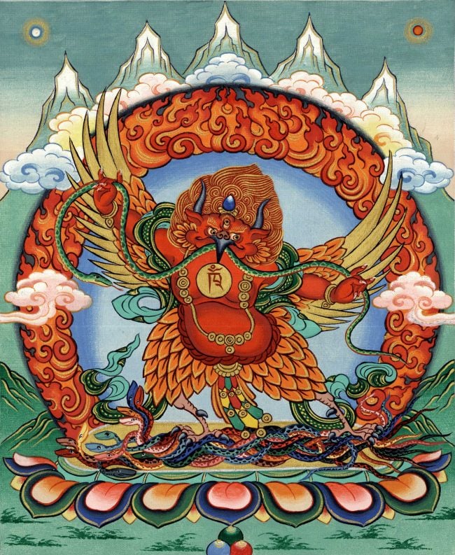 A popular Tibetan depiction of the Garuda. Image courtesy thangkagaller.org