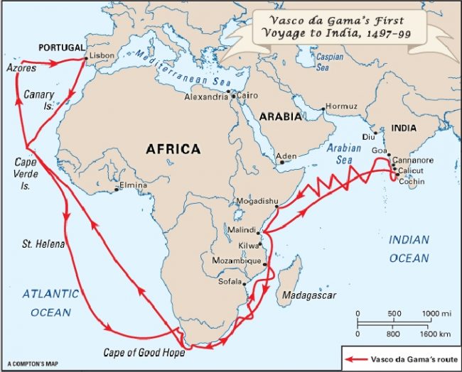 The Route taken by Vasco De Gama to India. Image courtesy: justalittlefurther.com 