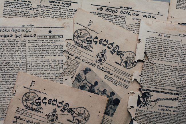 Yudhaperamuna (‘The Frontline’) was a series of newsletters and pamphlets that served as wartime propaganda to be distributed among the public. Image credit: Roar.lk/Minaali Haputantri