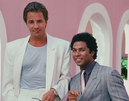 Don Johnson and Philip Michael Thomas in a promo shoot for Miami Vice. Credit: Getty Images.
