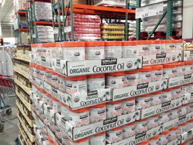 Cases of Kirkland Organic Coconut Oil at Costco. Image credit: guysandgoodhealth.com